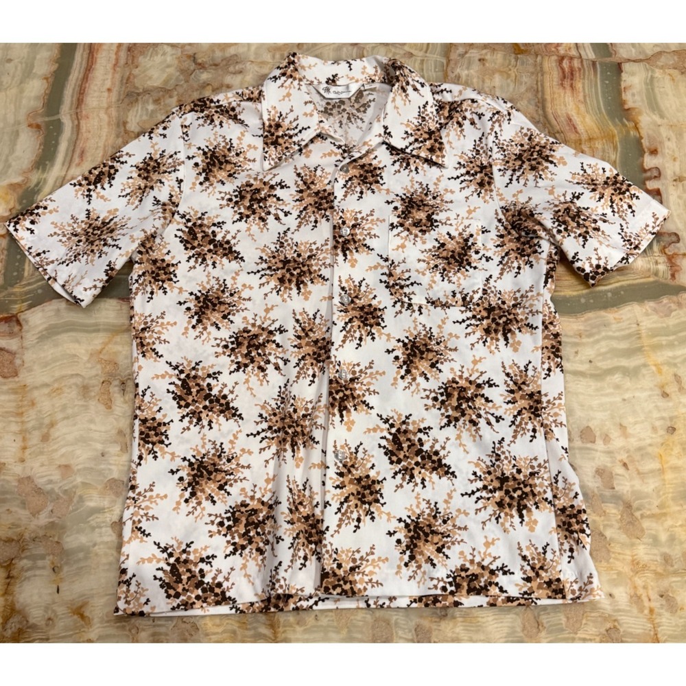 Vintage Mr. California Mens Cuban Camp Shirt White Brown 70s Short Sleeve Medium